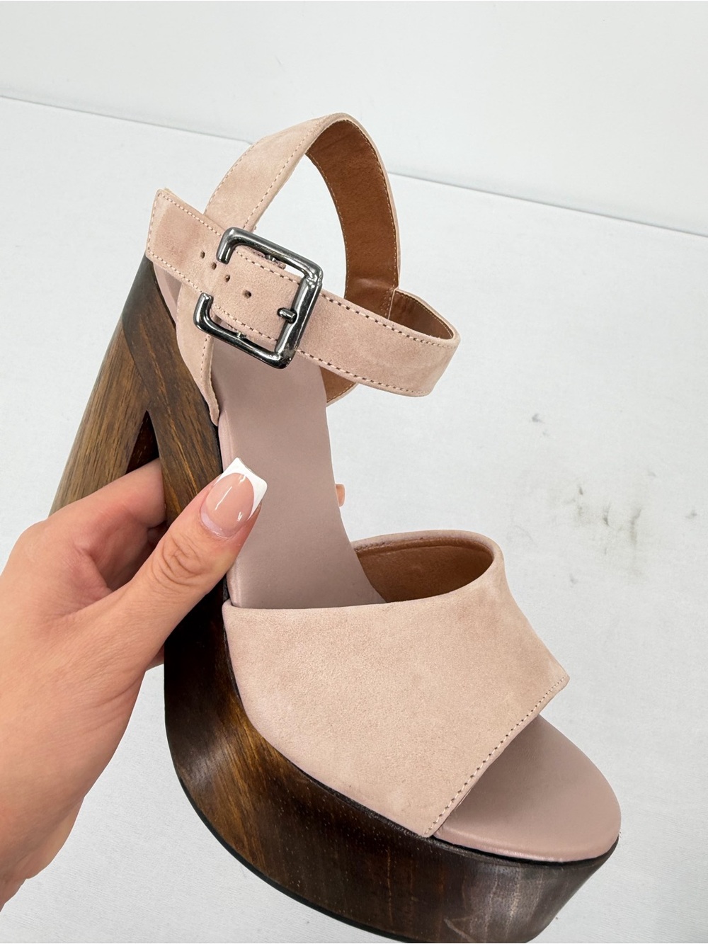 Leather Wood Platform Block Heel Sandals Nude 6.5 resort boho eurosummer coastal - Picture 12 of 16